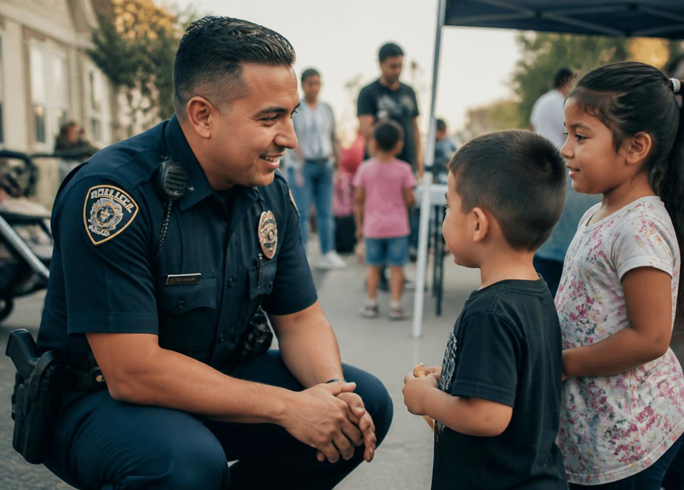 Police officer talking with children at a community event
