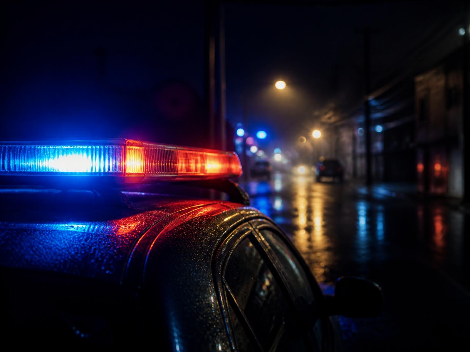 Police cruiser light bar illuminating a wet city street at night